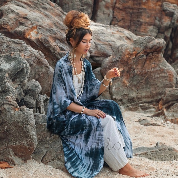 Talía Hand Tiedye Boho Maxi Kimono Duster Coverup - Picture 3 of 4